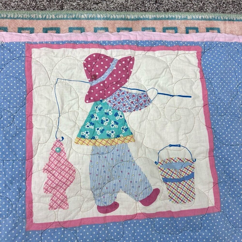 Vintage Sunbonnet Sue Sam Blue Pink Holly Hobby Style Bonnet Throw Quilt 49"x43" - Picture 6 of 15